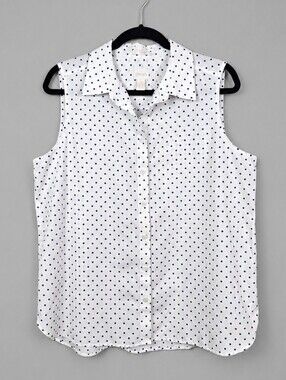 Chico's No Iron 100% Cotton Blue Polka Dot Sleeveless Button Shirt Size 2 Large